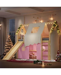 Streamdale Furniture Twin Size House Loft Bed with Slide, Lights, and Tents