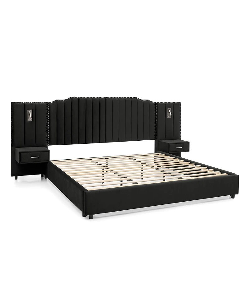 Streamdale Furniture King Size Upholstered Bed Frame with Vertical Stripes & Buttons - No Box Spring Needed