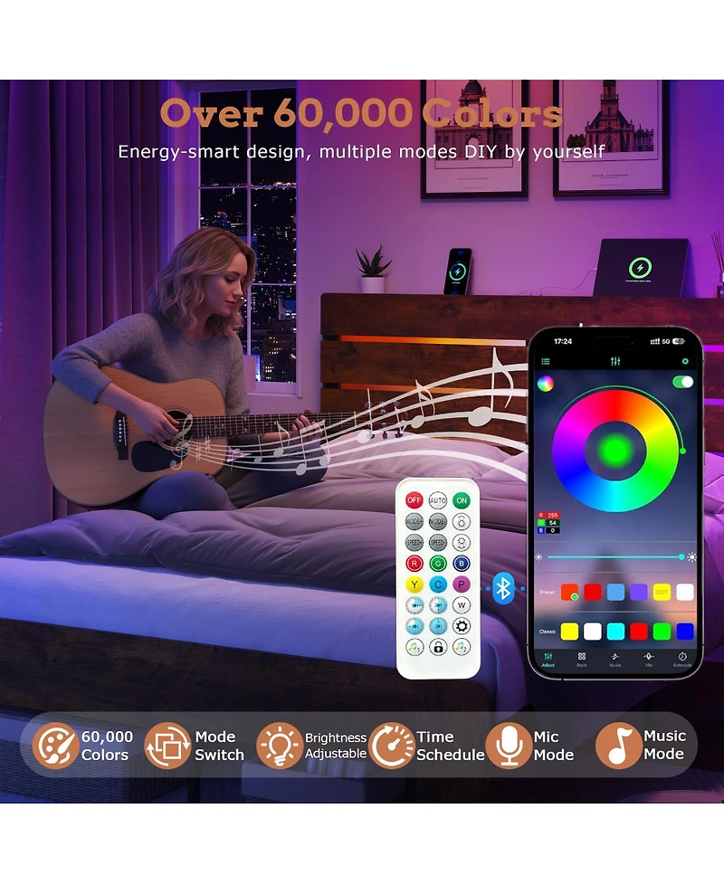 Streamdale Furniture Queen Bed Frame with Storage, Led, Charging Station