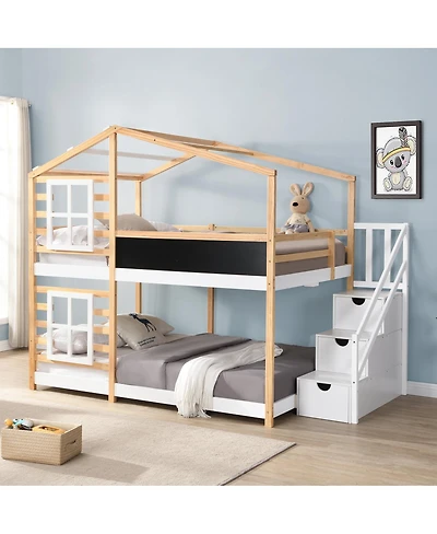 Streamdale Furniture Full over Full Bunk Bed House Bed with Roof, Windows, Blackboard, Storage Ladder