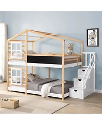 Streamdale Furniture Full over Full Bunk Bed House Bed with Roof, Windows, Blackboard, Storage Ladder