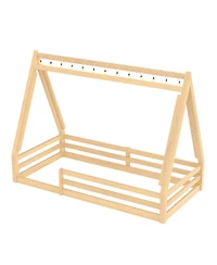 Streamdale Furniture Twin Size House Floor Bed with Tent and Light, Solid Wood Teepee Design