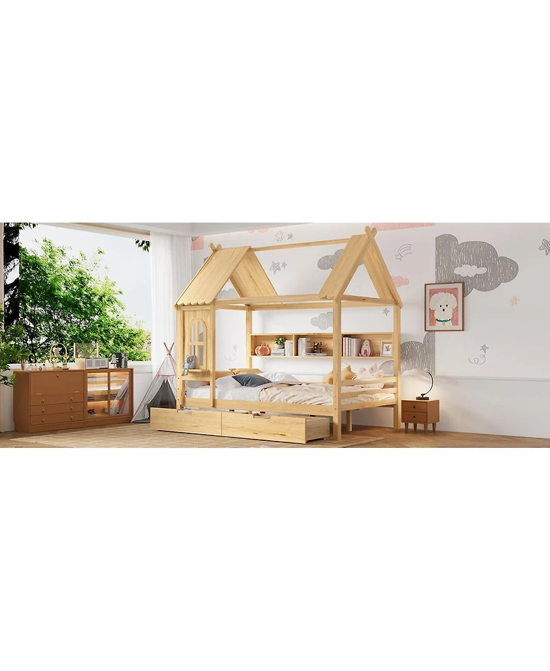 Streamdale Furniture Full House Beds with Storage Drawers and Window, Solid Wood Platform Bed Frame