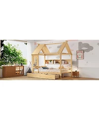 Streamdale Furniture Full House Beds with Storage Drawers and Window, Solid Wood Platform Bed Frame