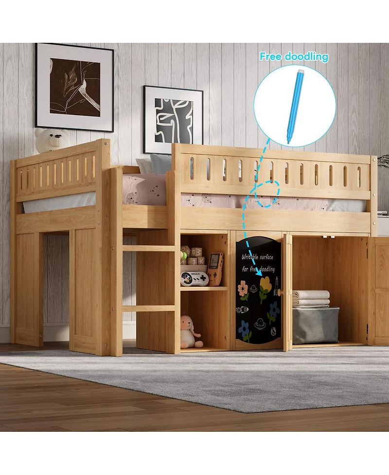 Streamdale Furniture Loft Bed with Storage Cabinet and Chalkboard Panel