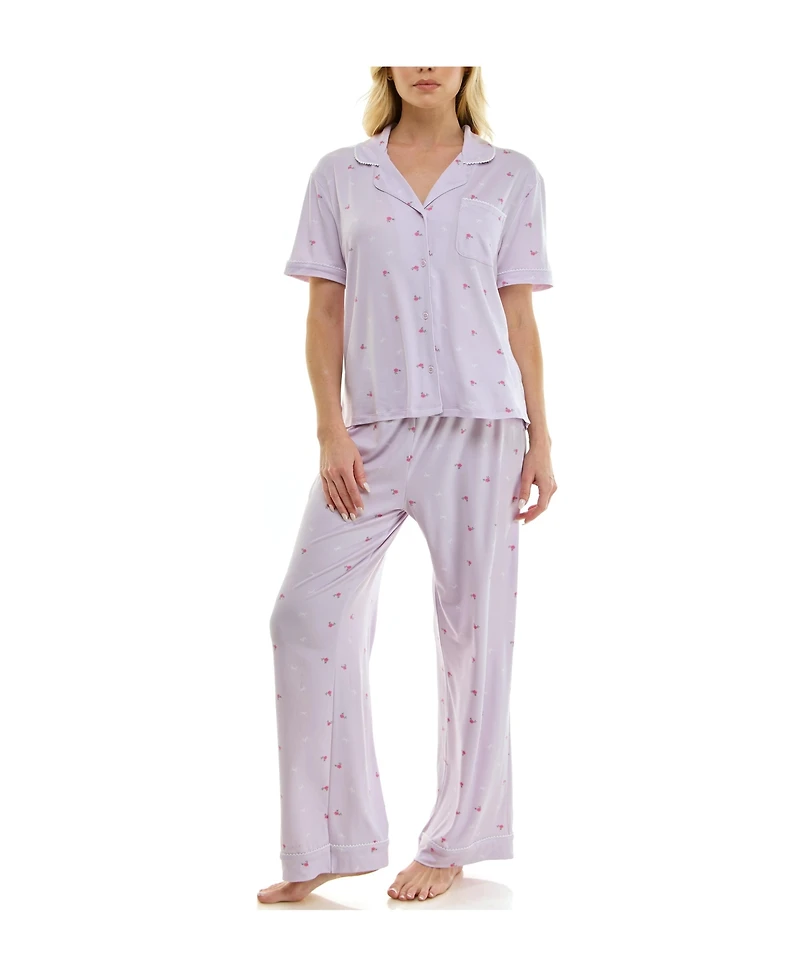 Roudelain Women's Short-Sleeve Shirt and Pants, 2-Piece Pajama Set
