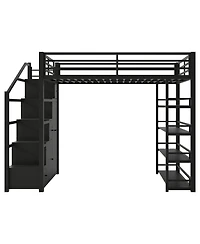 Streamdale Furniture Metal Loft Bed with Storage Shelves, Cabinets and Wardrobe