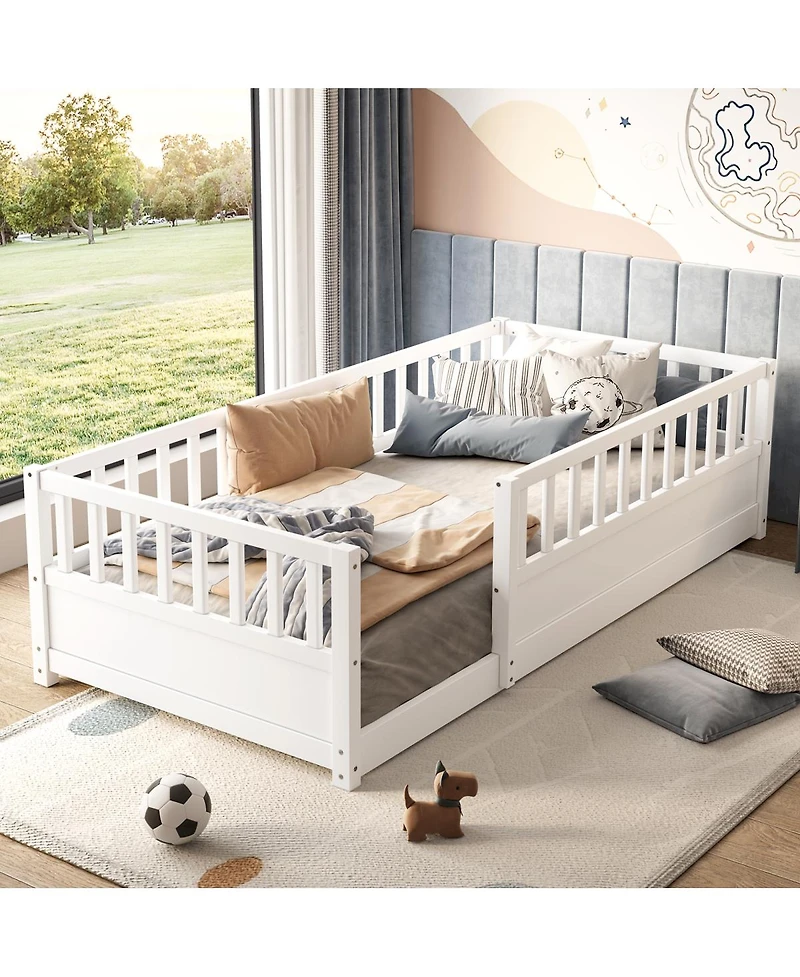 Streamdale Furniture Twin Size Montessori Floor Bed with Security Barrier and Door