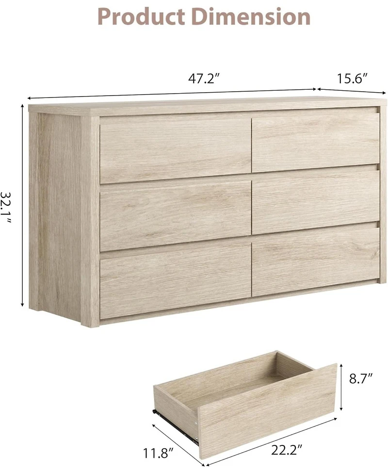gaomon 6-Drawer Dresser for Bedroom, Wide Handle-Free Wood Chest, Modern Storage Cabinet for Living Room, Hallway, Entryway