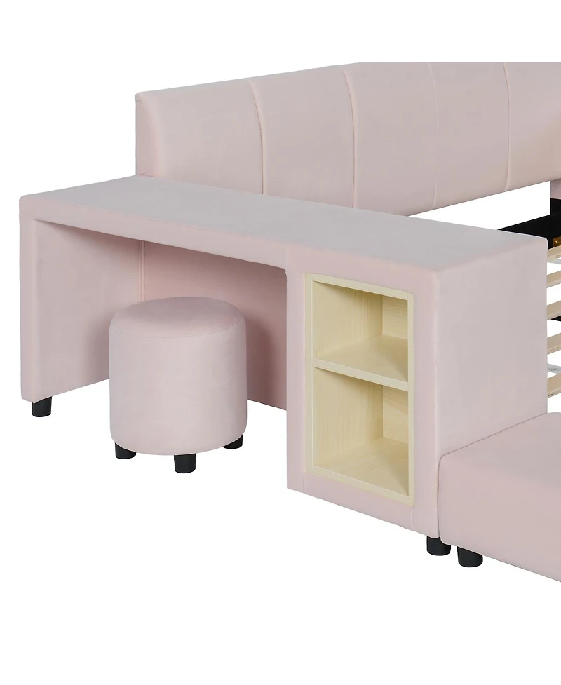 Streamdale Furniture Queen Size Upholstered Grounded Bed with Bedside Desk and Stool