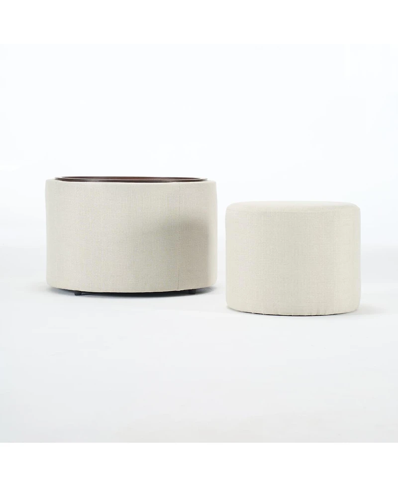 Streamdale Furniture Streamdale Ball & Cast Nesting Storage Ottomans (2-pc), Linen Upholstered w/Wood Tray, Beige