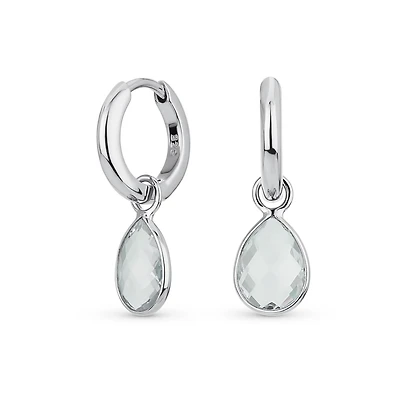 Bling Jewelry Dainty Natural Aquamarine Teardrop Huggie Drop Earrings .925 Sterling Silver