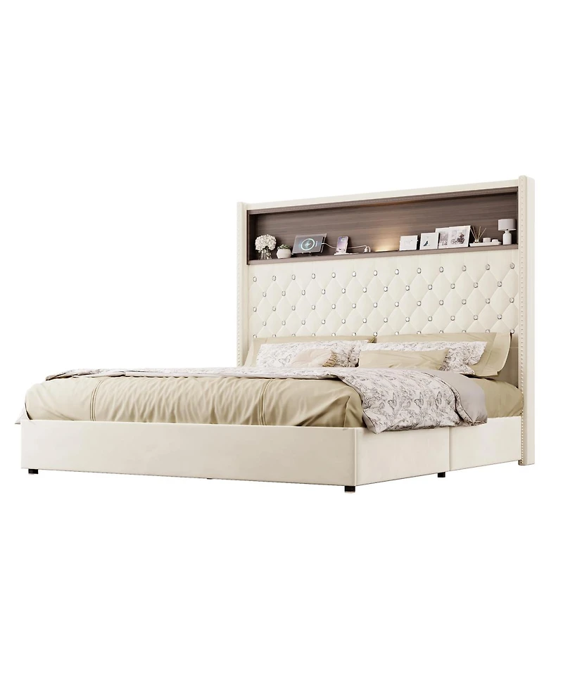 Streamdale Furniture Queen Velvet Tufted Bed Frame with Usb & Night Light