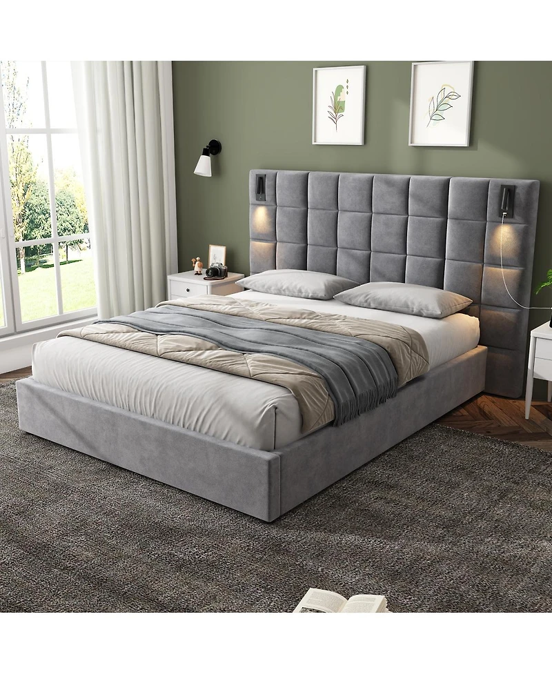 Streamdale Furniture Queen Size Velvet Upholstered Bed Frame with Usb Port