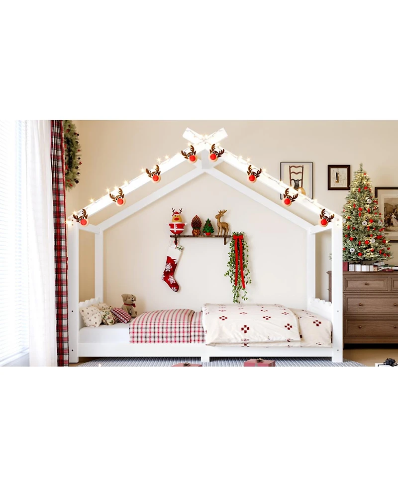 Streamdale Furniture Twin House Floor Bed with Slats, Solid Wood House Bed Frame for Kids, White