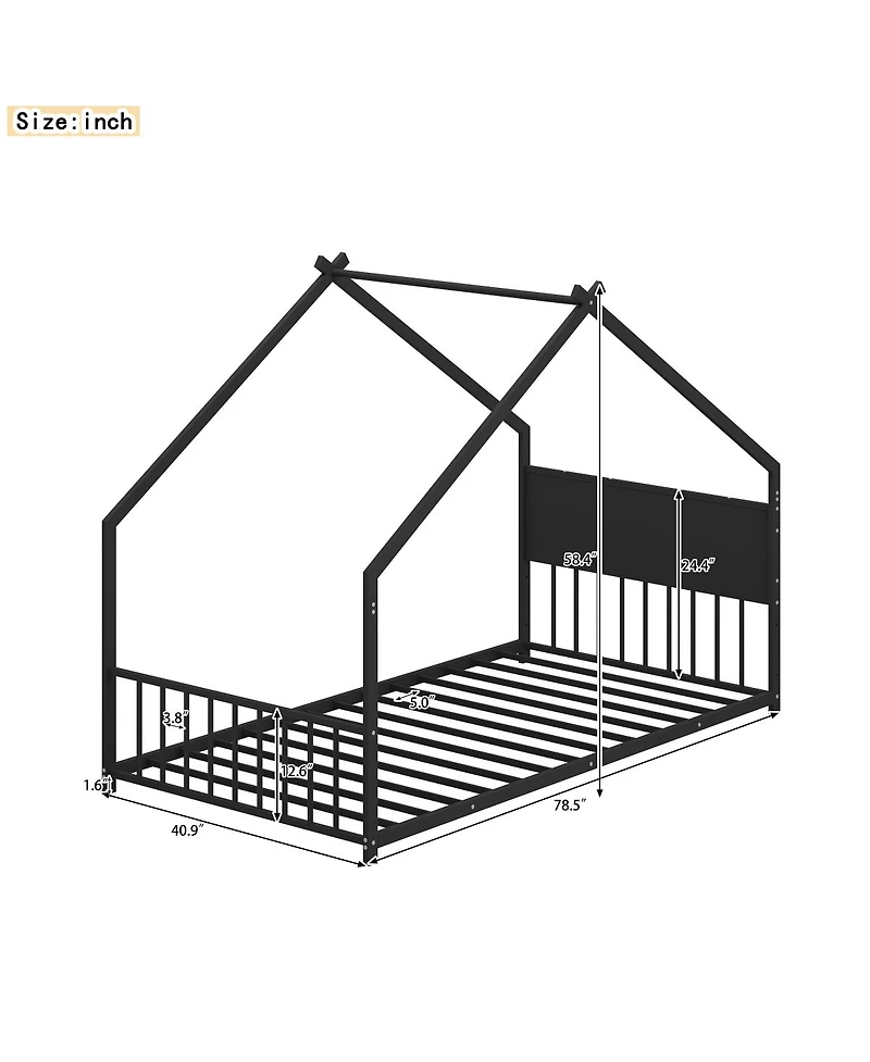 Streamdale FurnitureTwin Size House Bed with Roof & Lights, Metal Frame, No Box Spring (Black)