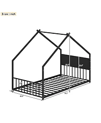 Streamdale FurnitureTwin Size House Bed with Roof & Lights, Metal Frame, No Box Spring (Black)