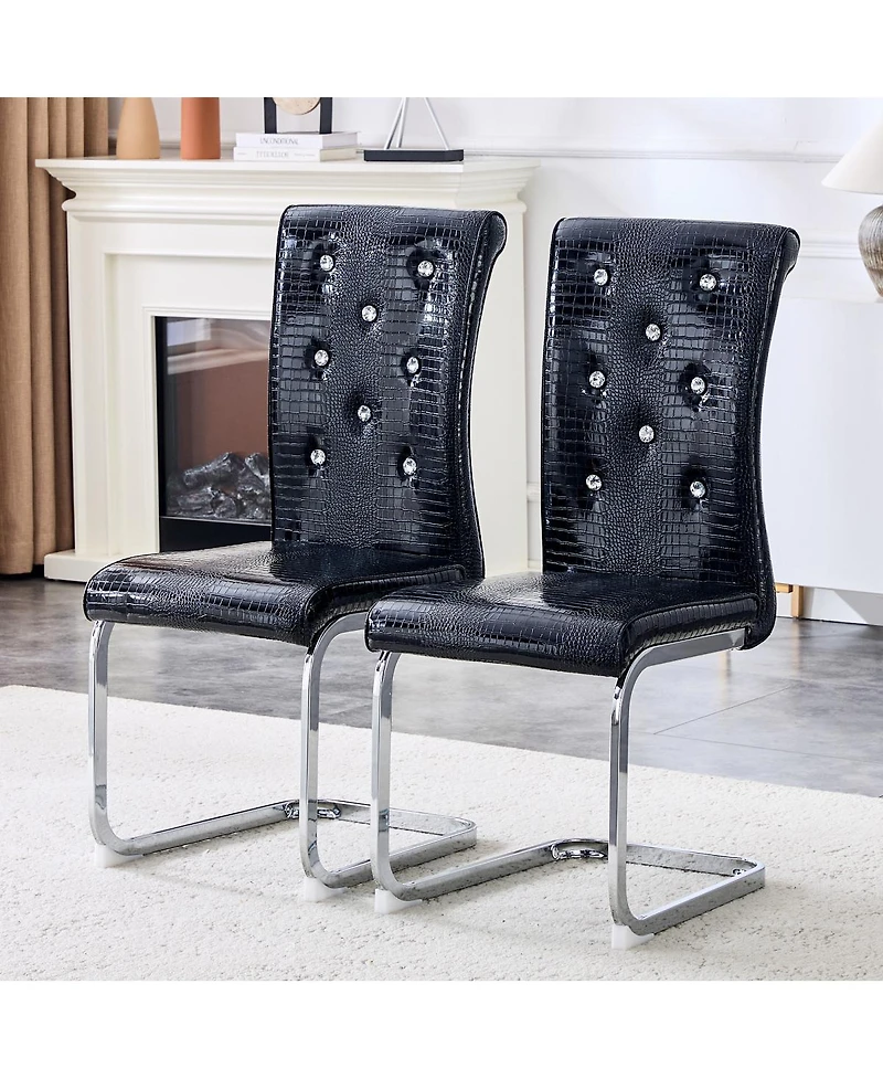 Streamdale Furniture Set of Retro Alligator Upholstered Dining Chairs with Crystal Buckle & Faux Leather