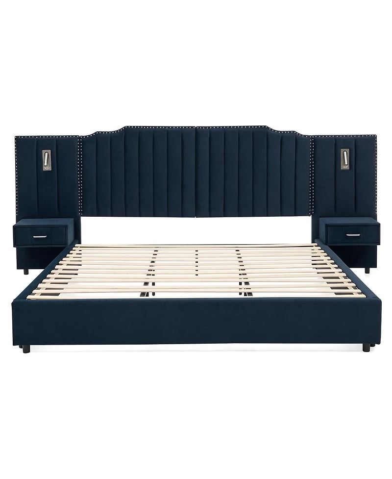 Streamdale Furniture King Size Velvet Upholstered Bed Frame with Vertical Stripes & Headboard