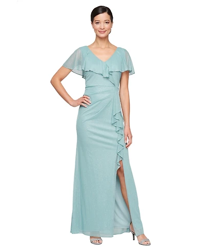 Sl Fashions Women's Beaded Ruffled Capelet Gown