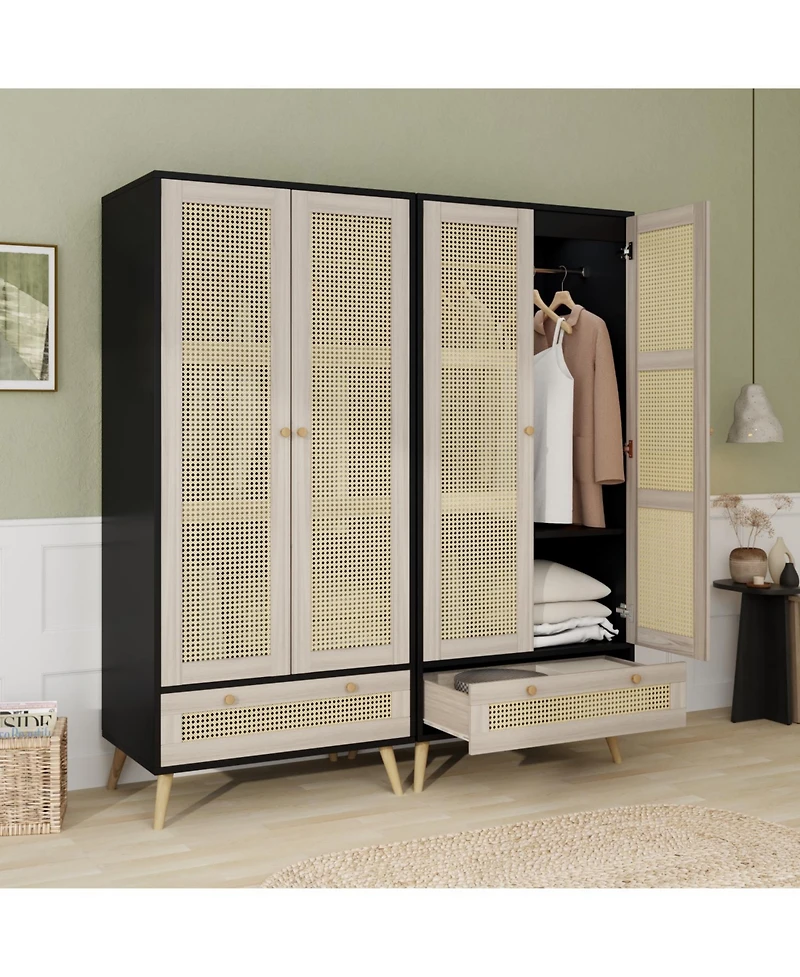 Streamdale Furniture 70" Rattan Door Armoire Boho Wardrobe Closet