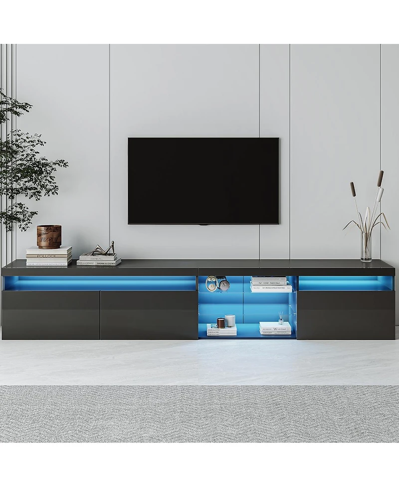 Streamdale FurnitureUnique Design Tv Stand w/ 2 Glass Shelves, Storage, Led Lights