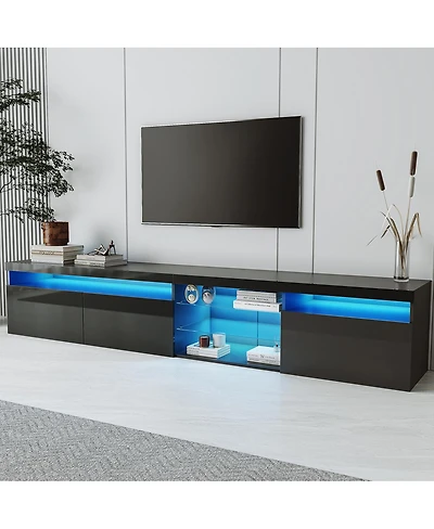 Streamdale FurnitureUnique Design Tv Stand w/ 2 Glass Shelves, Storage, Led Lights