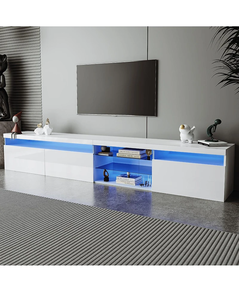 Streamdale FurnitureUnique Design Tv Stand w/ 2 Glass Shelves, Storage, Led Lights