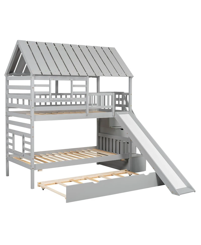 Streamdale Furniture Twin over Twin House Bunk Bed with Trundle, Slide, Stairs, Roof, Window