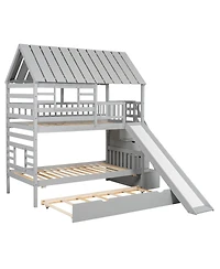 Streamdale Furniture Twin over Twin House Bunk Bed with Trundle, Slide, Stairs, Roof, Window