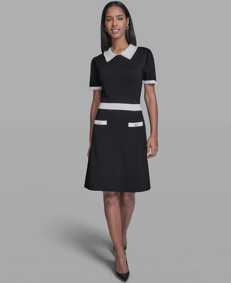 Karl Lagerfeld Paris Women's Contrast Collared Sweater Dress