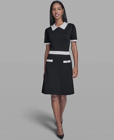 Karl Lagerfeld Paris Women's Contrast Collared Sweater Dress