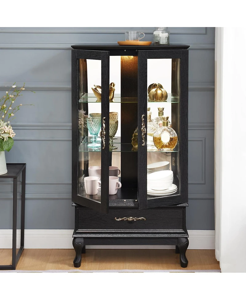 Streamdale Lighted Curio Cabinet with Glass Doors and Adjustable Shelves, Black
