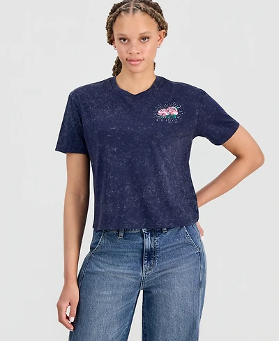 Rebellious One Juniors' Rose Graphic Mineral Wash T-Shirt