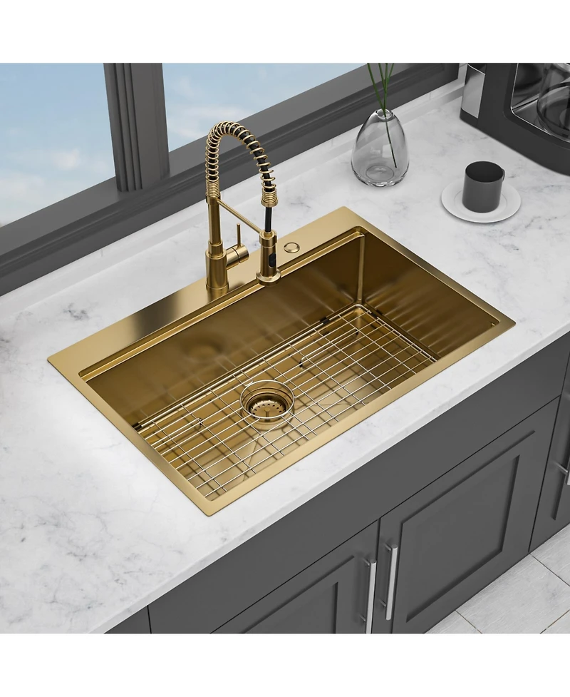 flynama 33x22x10inch Drop in Gold Kitchen Sink Workstation Stainless Steel Single Bowl 16 Gauge