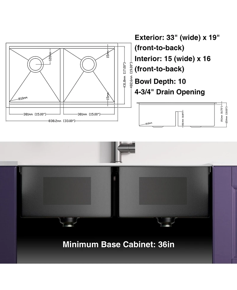 flynama huluwat 33x19x10inch Gunmetal Black Undermount Double Bowl Kitchen Sink All In One Stainless Steel