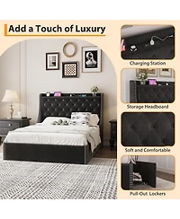 gaomon Wingback Headboard 4-Drawer Velvet Upholstered Platform Bed Frame with Charging Station