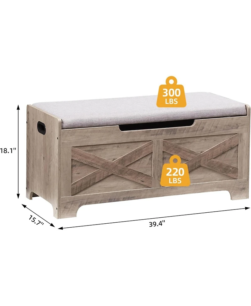 gaomon 39.4" Wooden Storage Chest Entryway Bench, Toy Organizer Trunk with Safety Hinges for Bedroom and Living Room, Grey
