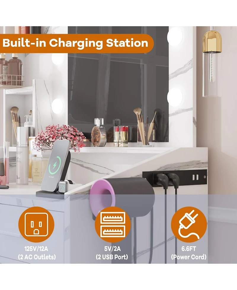 gaomon Vanity Desk with Mirror and Lights, Makeup Vanity with Power Outlet, White