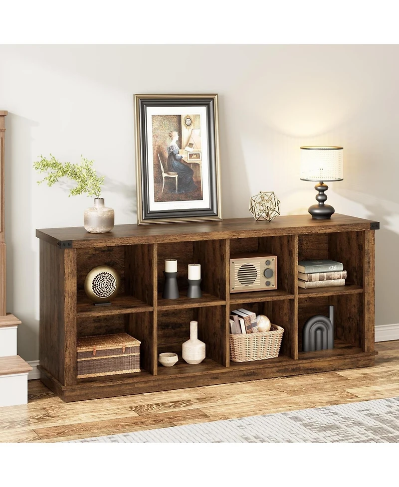 gaomon 8 Cube Storage Organizer Bookshelf, 62" Long 3-Tier Farmhouse Bookcase for Entryway or Living Room, Brown