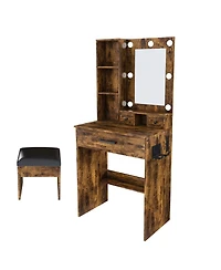 Streamdale Furniture Streamdale Vanity Table with Led Lights, Outlet, Stool - Compact Dressing Desk (Vintage