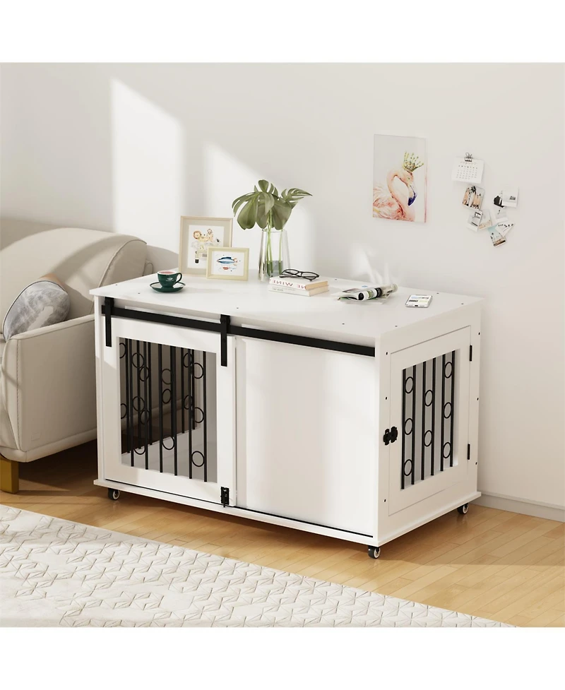 Aostirmotor Dog Crate with Metal Bars and Lockable Wheels in White