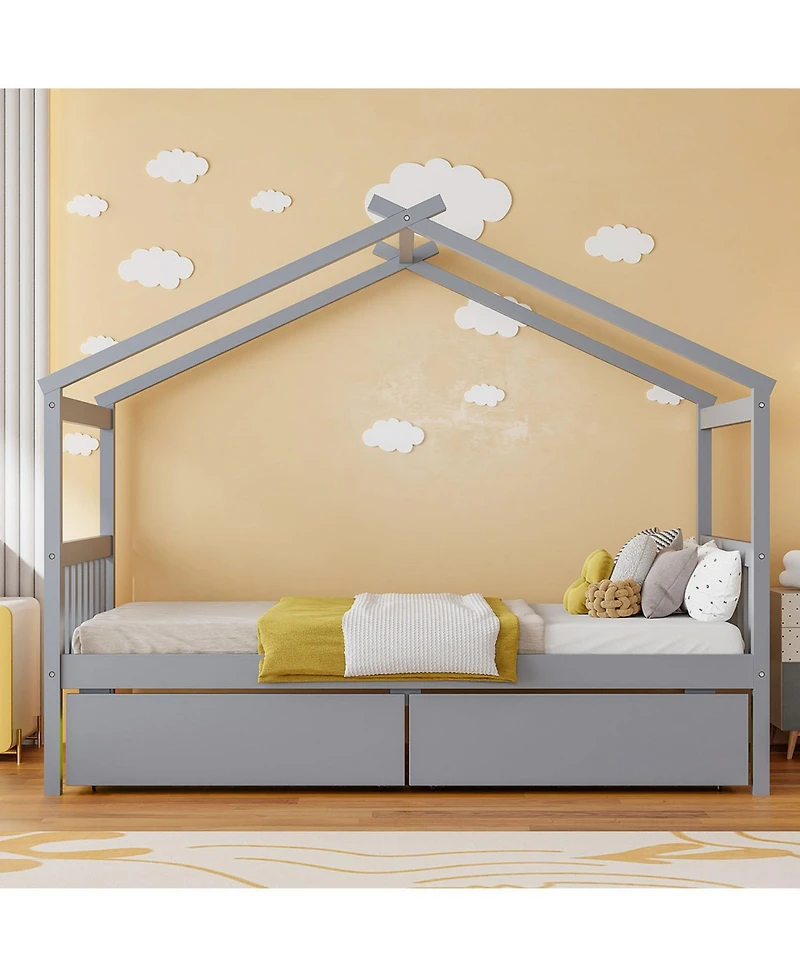 Streamdale Furniture Twin Wooden House Bed with Drawers