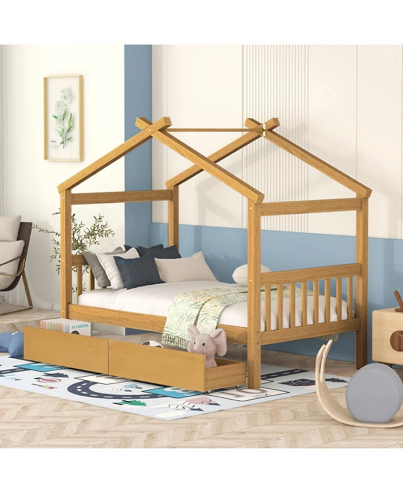 Streamdale Furniture Twin Wooden House Bed with Drawers
