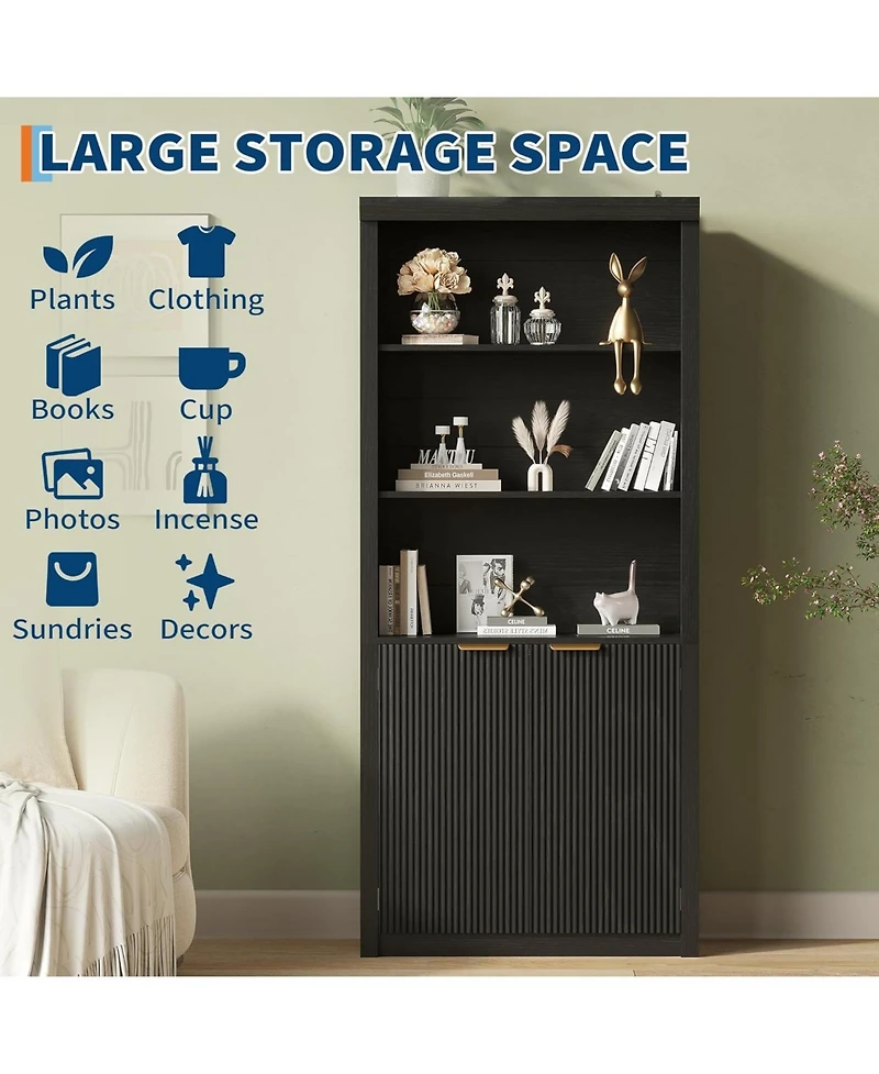 gaomon 5-Tier Bookcase with Storage Cabinet & Adjustable Shelf, Mid-Century Modern Bookshelf for Home Office