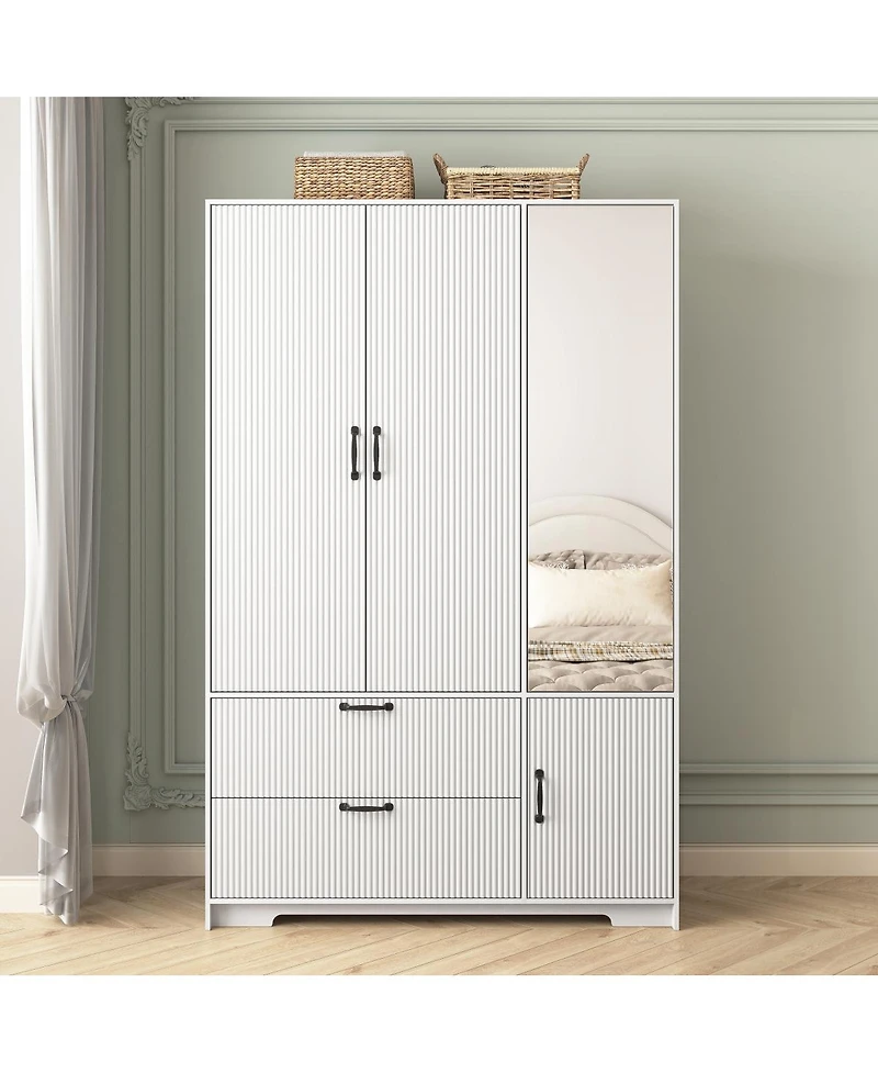 Streamdale Furniture Streamdale 4-Door Wardrobe w/ Mirror, Led, 2 Drawers, Rod, Shelves, White