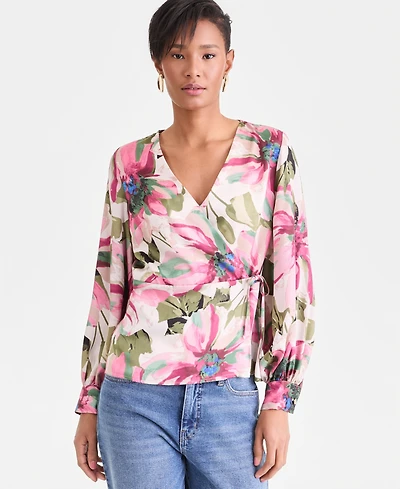 I.n.c. International Concepts Women's Long Sleeve Printed Wrap Blouse, Macy's Exclusive