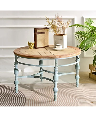 Streamdale Furniture Rustic Wooden Carved Coffee Table with Metal Legs