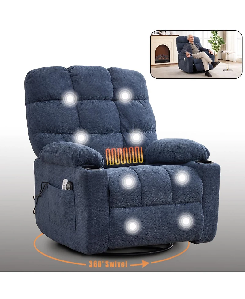 Streamdale Furniture Fabric Recliner Chair with Heat Massage, Rocker & Swivel