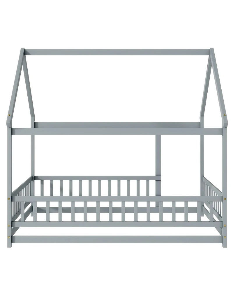 Streamdale Furniture Full Size House Floor Wooden Bed with Roof Frame, Safety Guardrails